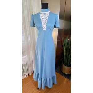 Vintage 60s blue maxi dress, baby blue, white laced bib, formal gown